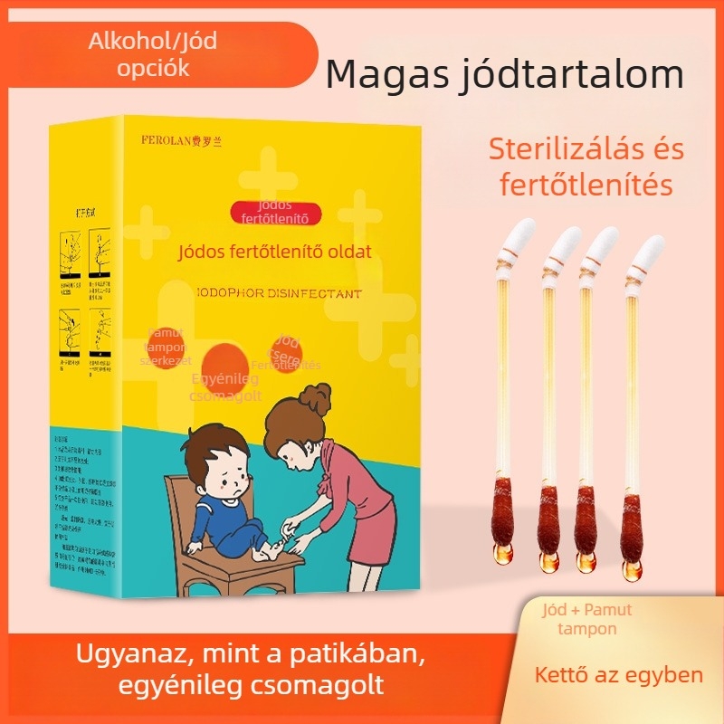 Csecsemőknek szóló jódoforos gyapotpálcikák, egyszer használatos, hordozható dobozban, 50 db