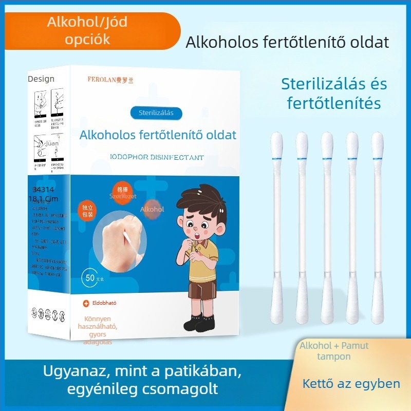 Csecsemőknek szóló jódoforos gyapotpálcikák, egyszer használatos, hordozható dobozban, 50 db