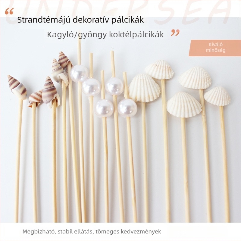 Egyszer használatos bambusznyársak sütemény- és koktéldekorációhoz, gyöngyház kagyló mintával, 100 darab/csomag