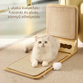 L alakú macska karmolódeszka párnával, beépített karmoló játékkal és kopásálló szizál macskafészek