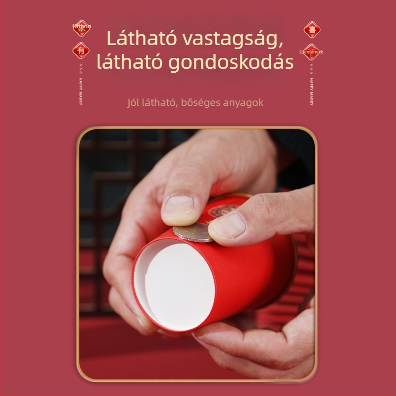 Esküvőre szánt egyszer használatos papír pohár, piros színű, vastag arany fóliával, teás pohár
