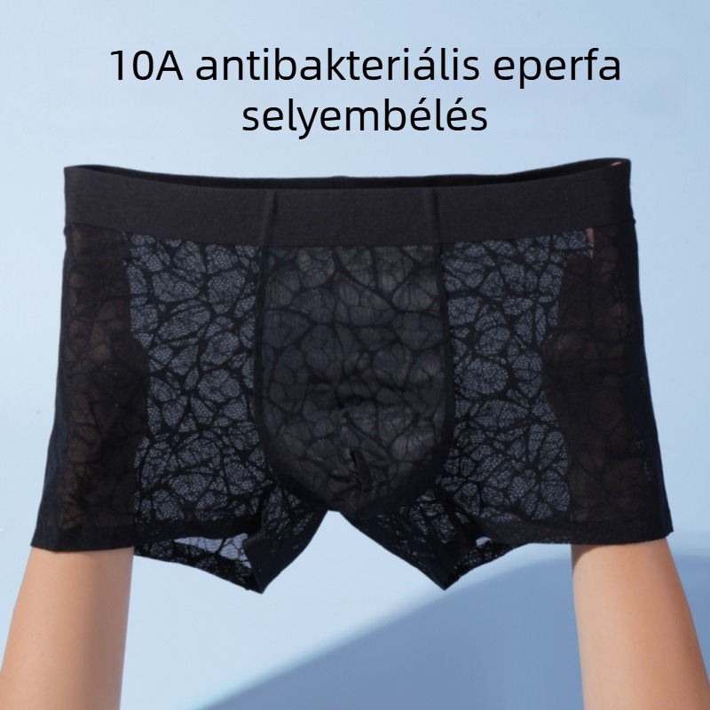 Nylon férfi boxer alsó leopardos jacquard csipkével – varrat nélküli, légáteresztő, gyorsan száradó, antibakteriális, kamélia illatú hidratáló hatással