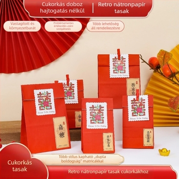 Kínai stílusú Kraft papírból készült cukorkabox kézzel festett matricákkal, esküvői ajándékzacskó, hajtogatásmentes dizájn, méret: 18×9,5×5,5 cm