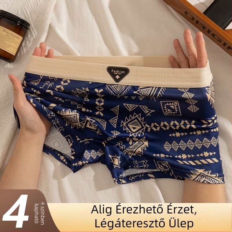 Férfi középmagasságú boxeralsó, lélegző és rugalmas, poliészter milk silk hatású anyagból, kamufláž és geometrikus minta, színben összerendezett