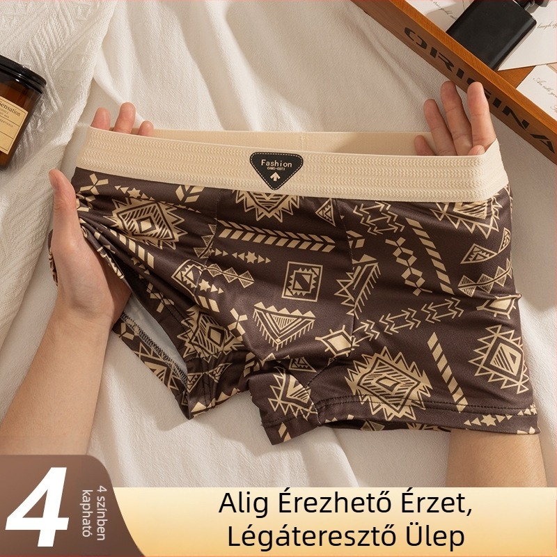 Férfi középmagasságú boxeralsó, lélegző és rugalmas, poliészter milk silk hatású anyagból, kamufláž és geometrikus minta, színben összerendezett