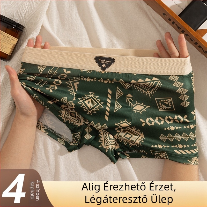 Férfi középmagasságú boxeralsó, lélegző és rugalmas, poliészter milk silk hatású anyagból, kamufláž és geometrikus minta, színben összerendezett