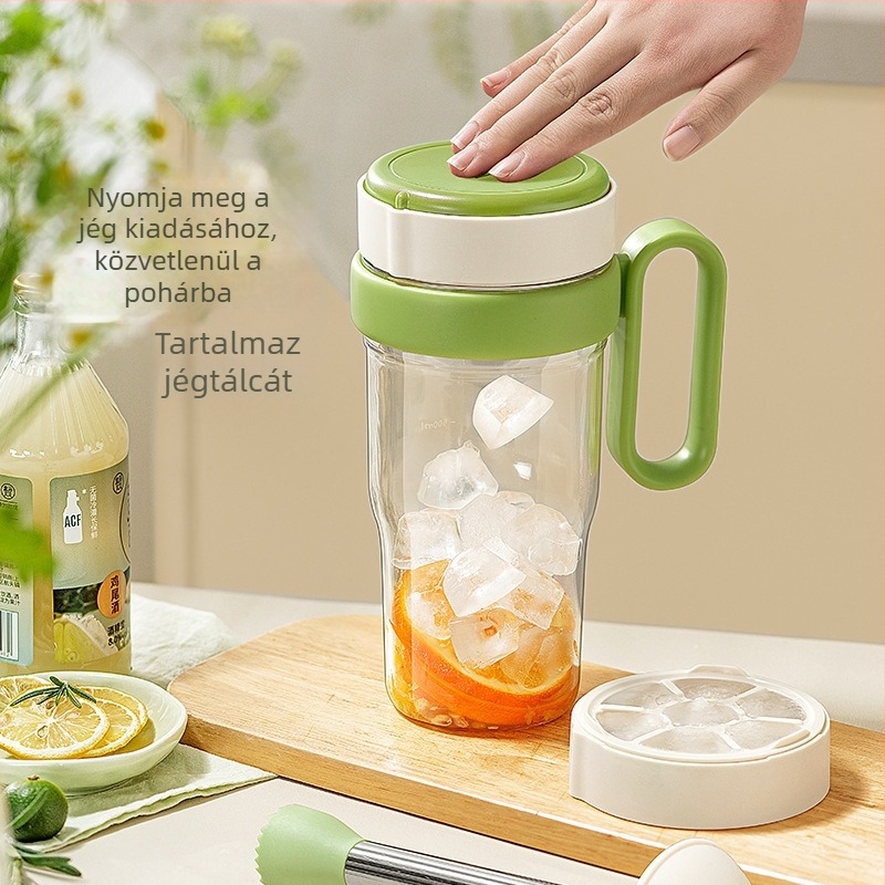 Gyümölcslé készítő pohár törő- és jégzúzóval, citromos teakeverővel és szívószál tárolóval