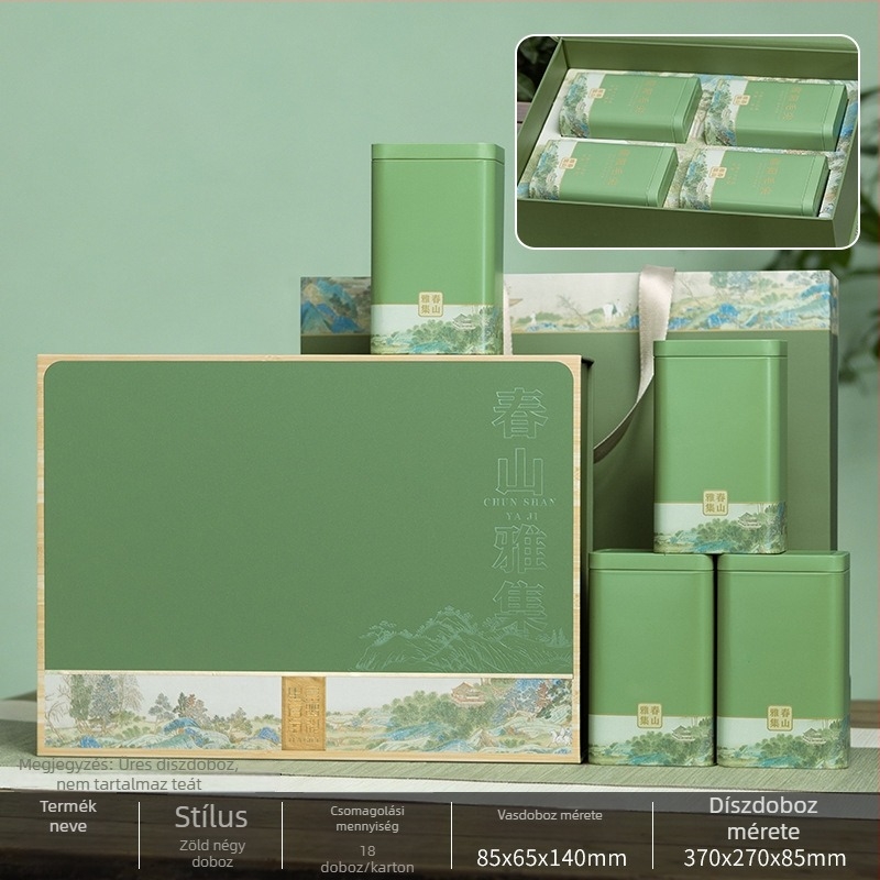 Fém teás ajándékdoboz aranyfóliával – üres csomagoló doboz Mingqian Longjing, Maojian és Biluochun zöld tea számára, 0,5 kg kapacitás