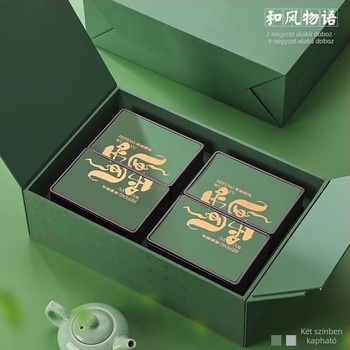 Prémium teajándékdoboz Dragon Well és Bi Luo Chun teával, négyszögletes fémdobozok és üvegek, zöld és fekete tea, Újévi ajándékcsomag