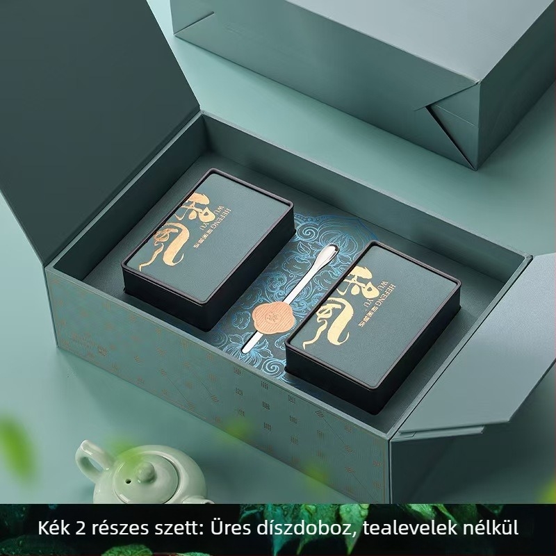 Prémium teajándékdoboz Dragon Well és Bi Luo Chun teával, négyszögletes fémdobozok és üvegek, zöld és fekete tea, Újévi ajándékcsomag