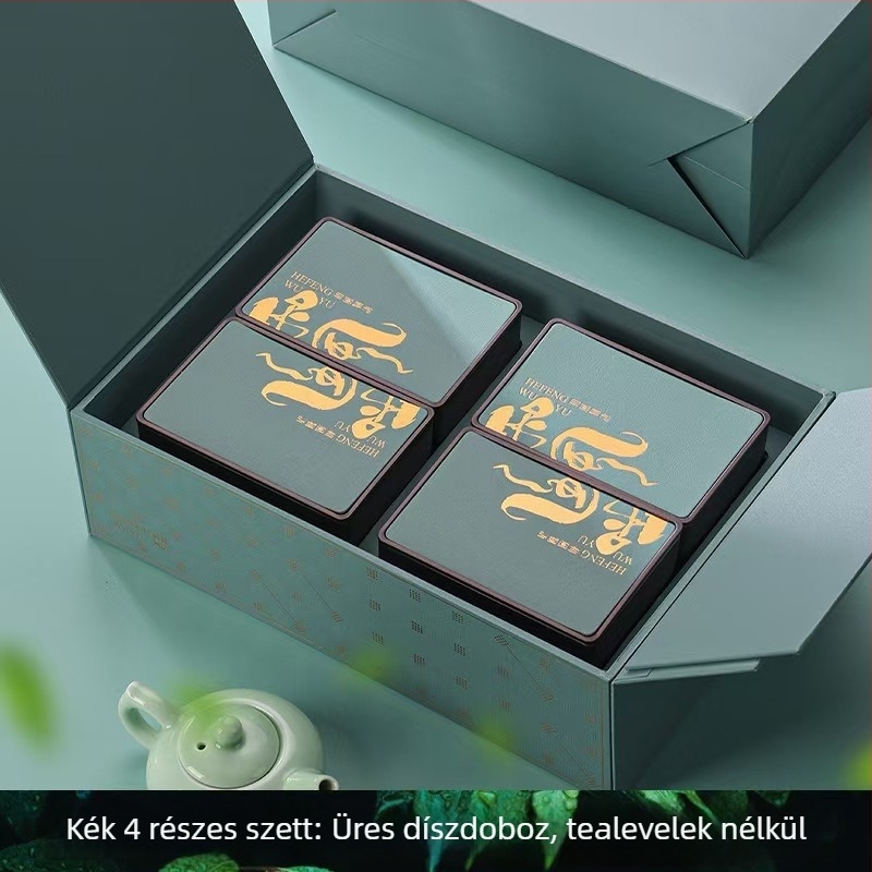 Prémium teajándékdoboz Dragon Well és Bi Luo Chun teával, négyszögletes fémdobozok és üvegek, zöld és fekete tea, Újévi ajándékcsomag