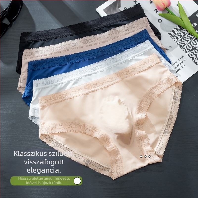 Férfi alsónemű Ice Silk anyagból, luxus selyemhatású, puha csipke, 3D kontúrkialakítás, átlátszó, egyrétegű