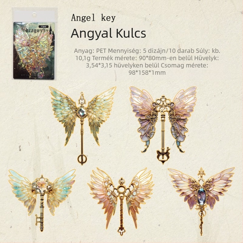 Ancient Forest Heart Lock Key sorozat matricái naplóhoz — retro szív alakú kulcs motívummal, aranyozott részletekkel, tájkép kollázs elemek