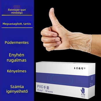 Egyszer használatos átlátszó pormentes PVC kesztyűk élelmiszer-minőségűek, kozmetika, hajfestés, tetoválás, catering és sütés céljára