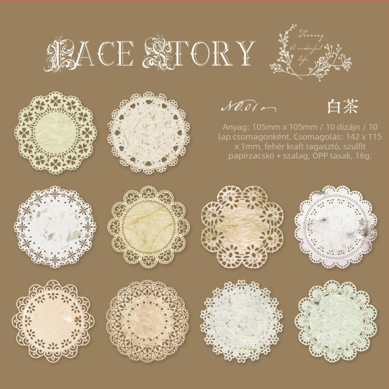 Lace Story sorozat kivágott mintás matricák, vintage fehér bőr kollázs háttérrel naplóhoz