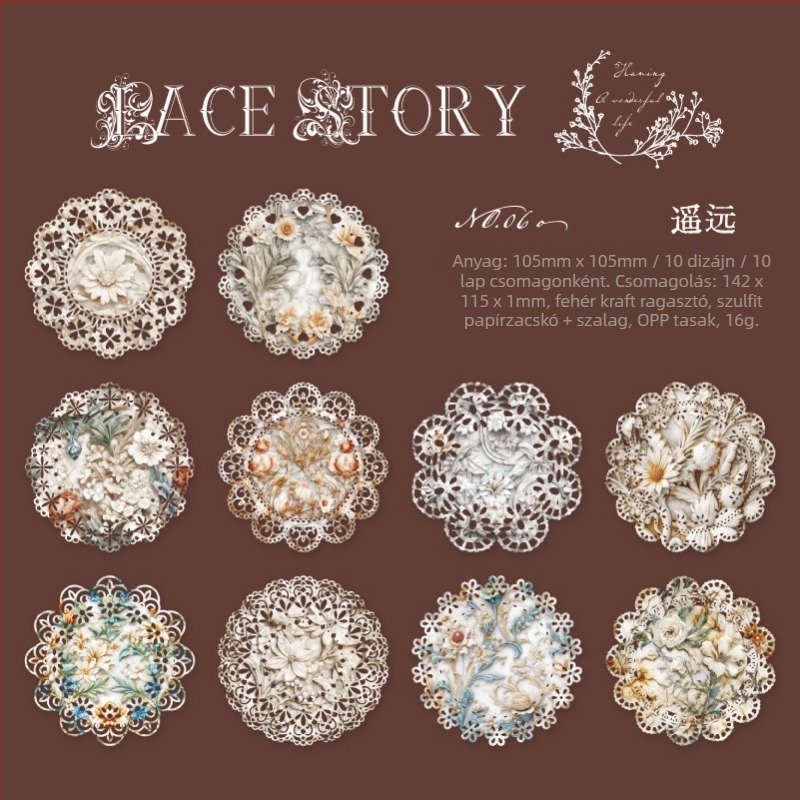 Lace Story sorozat kivágott mintás matricák, vintage fehér bőr kollázs háttérrel naplóhoz