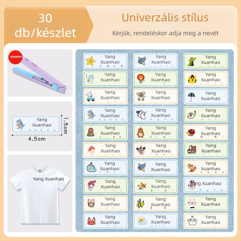 Vasalható névmatricák varrás nélkül, vízálló, szakadás- és fakulásálló, ruhákra és iskolai egyenruhákra; alkalmas általános iskolások és óvodások számára.