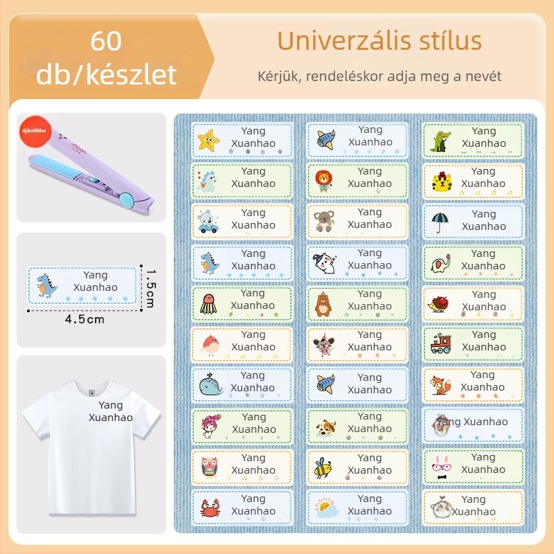 Vasalható névmatricák varrás nélkül, vízálló, szakadás- és fakulásálló, ruhákra és iskolai egyenruhákra; alkalmas általános iskolások és óvodások számára.