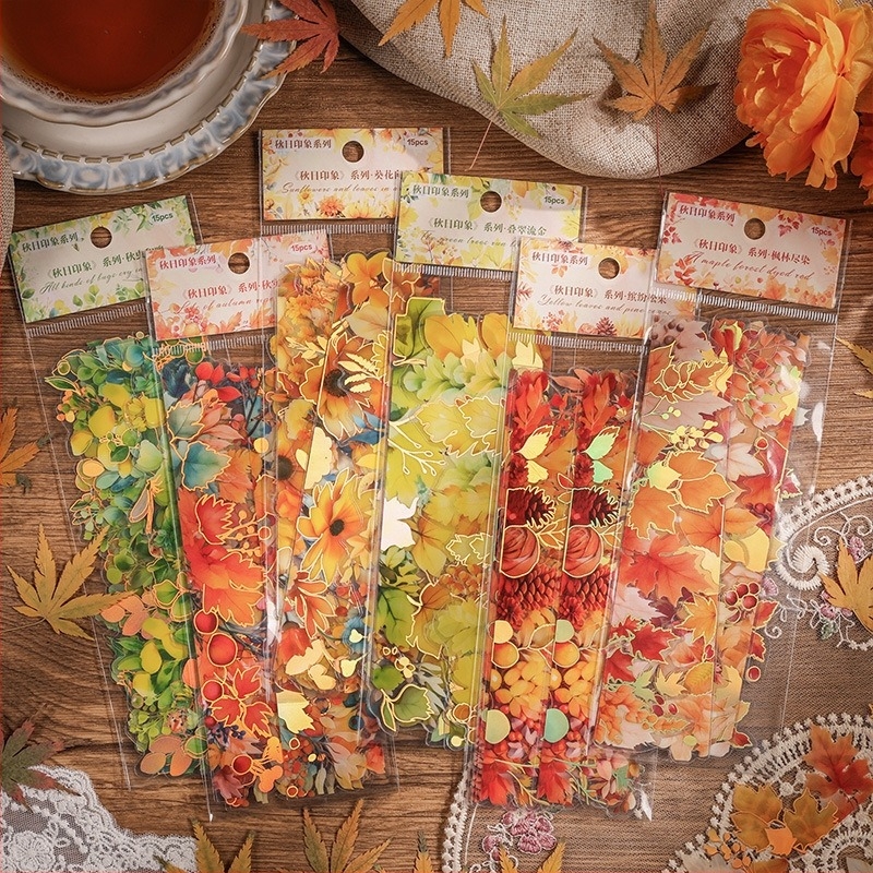 Őszi benyomások: PET fóliás matricapakli növénylevelekkel, retro virágos scrapbooking és DIY dekorációhoz
