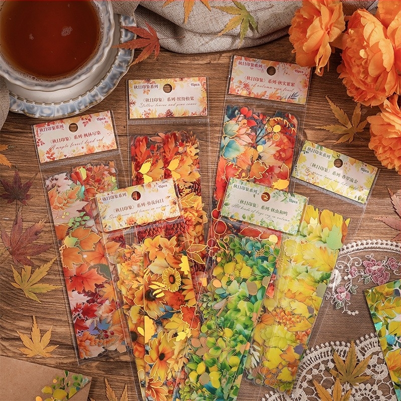 Őszi benyomások: PET fóliás matricapakli növénylevelekkel, retro virágos scrapbooking és DIY dekorációhoz