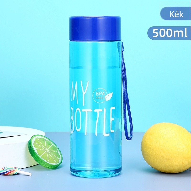PET műanyag ivó pohár 500 ml nyakpánttal, sportos teás pohár, szivárgásmentes zárással