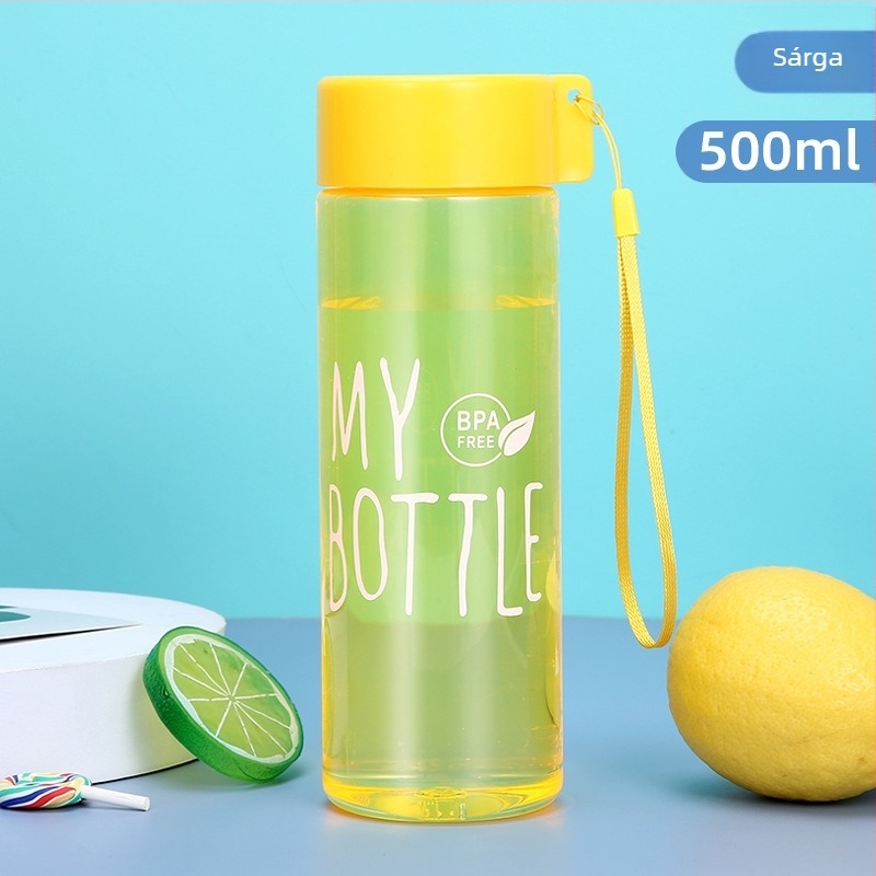 PET műanyag ivó pohár 500 ml nyakpánttal, sportos teás pohár, szivárgásmentes zárással