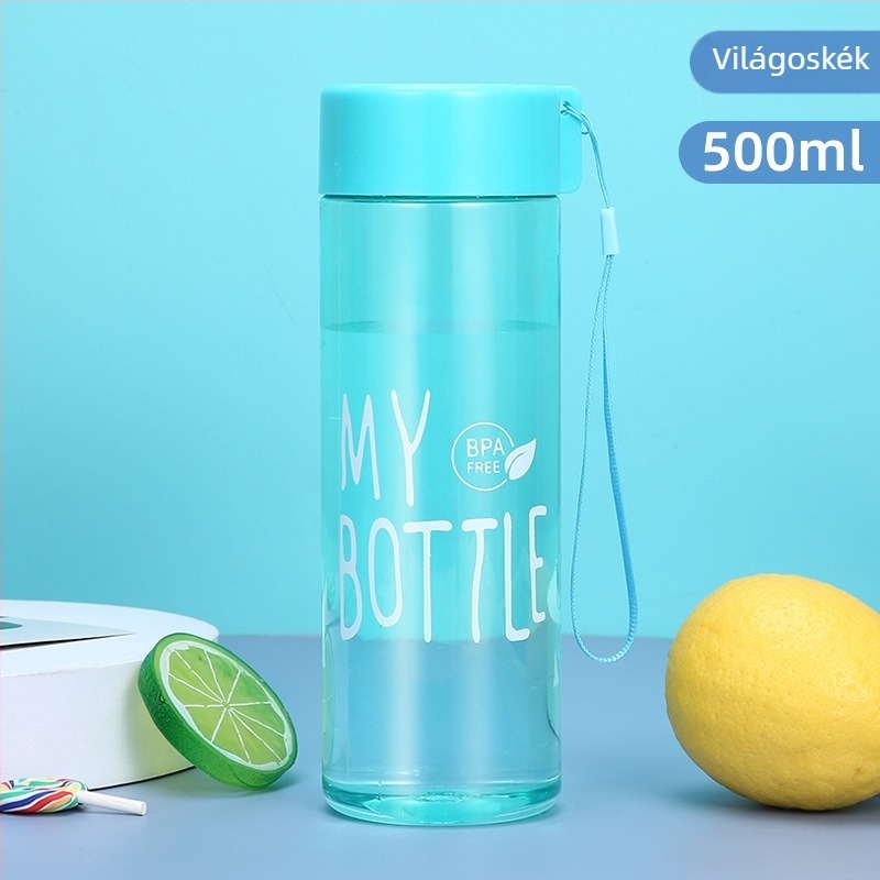 PET műanyag ivó pohár 500 ml nyakpánttal, sportos teás pohár, szivárgásmentes zárással