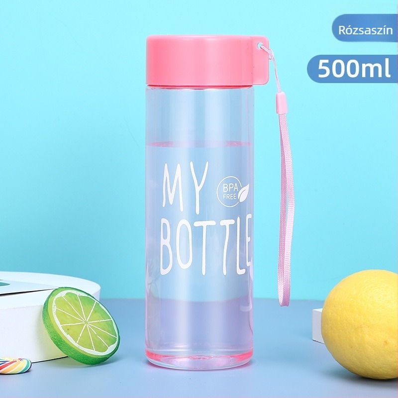 PET műanyag ivó pohár 500 ml nyakpánttal, sportos teás pohár, szivárgásmentes zárással