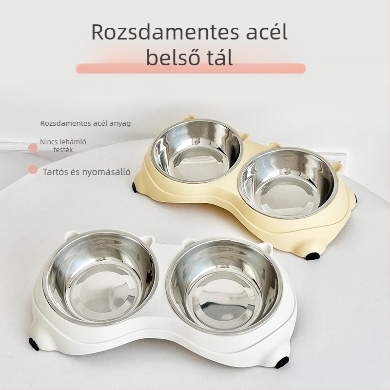 Rozsdamentes acélból készült, csúszásmentes, kettős tál háziállatok számára, etetésre és ivásra egyben, macaron színű.