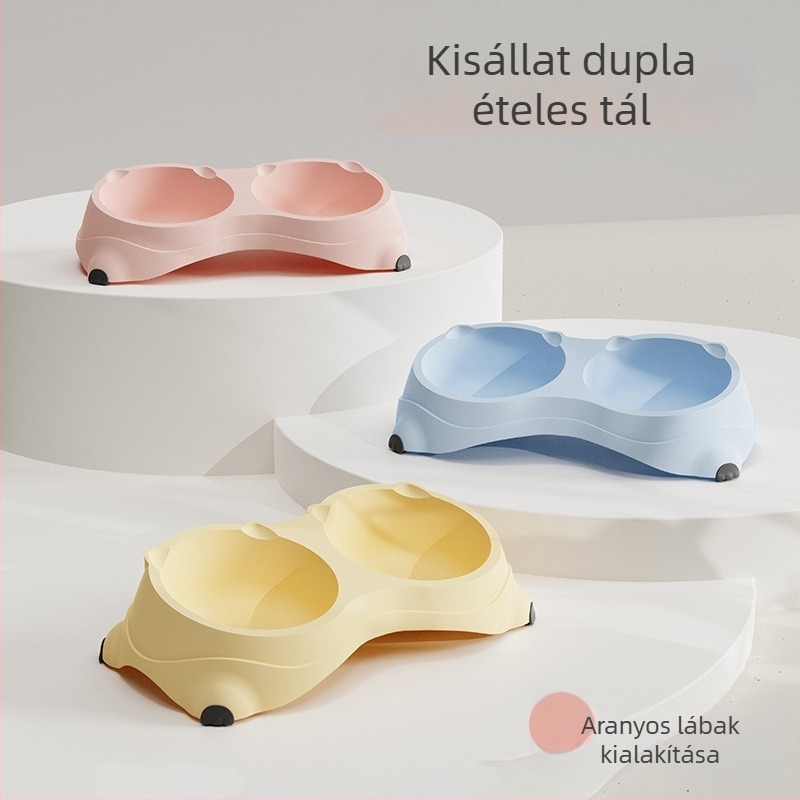 Rozsdamentes acélból készült, csúszásmentes, kettős tál háziállatok számára, etetésre és ivásra egyben, macaron színű.