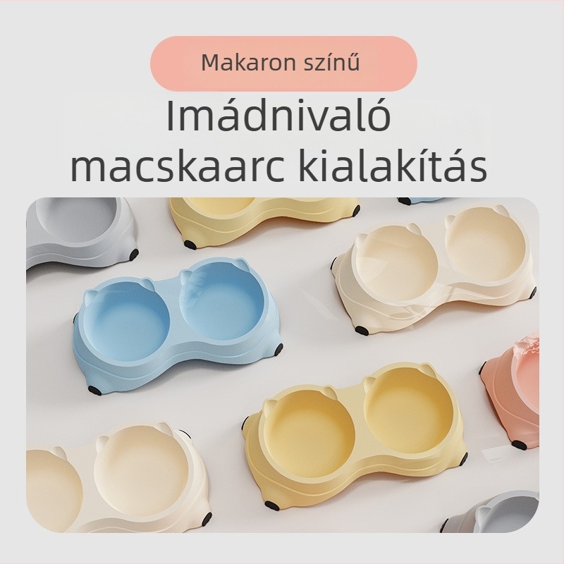 Rozsdamentes acélból készült, csúszásmentes, kettős tál háziállatok számára, etetésre és ivásra egyben, macaron színű.