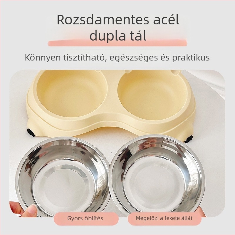 Rozsdamentes acélból készült, csúszásmentes, kettős tál háziállatok számára, etetésre és ivásra egyben, macaron színű.