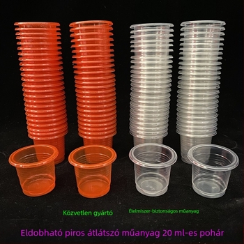 Egyszer használatos vörös, átlátszó műanyag boros pohár, 20 ml, esküvőre