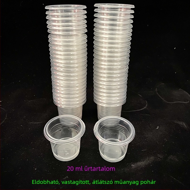Egyszer használatos vörös, átlátszó műanyag boros pohár, 20 ml, esküvőre