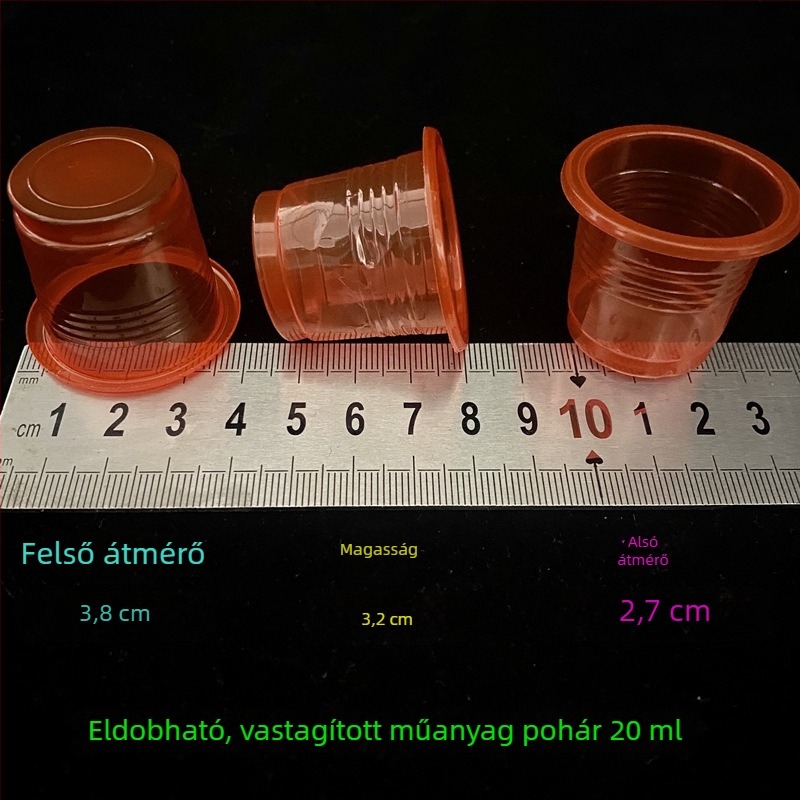 Egyszer használatos vörös, átlátszó műanyag boros pohár, 20 ml, esküvőre