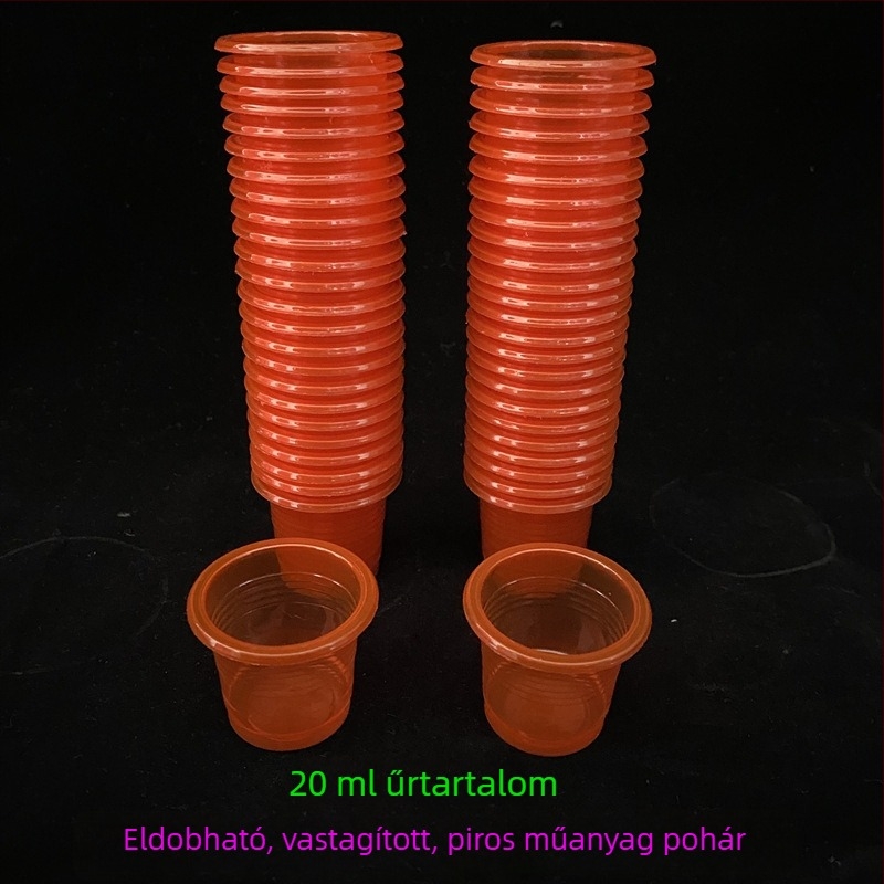 Egyszer használatos vörös, átlátszó műanyag boros pohár, 20 ml, esküvőre