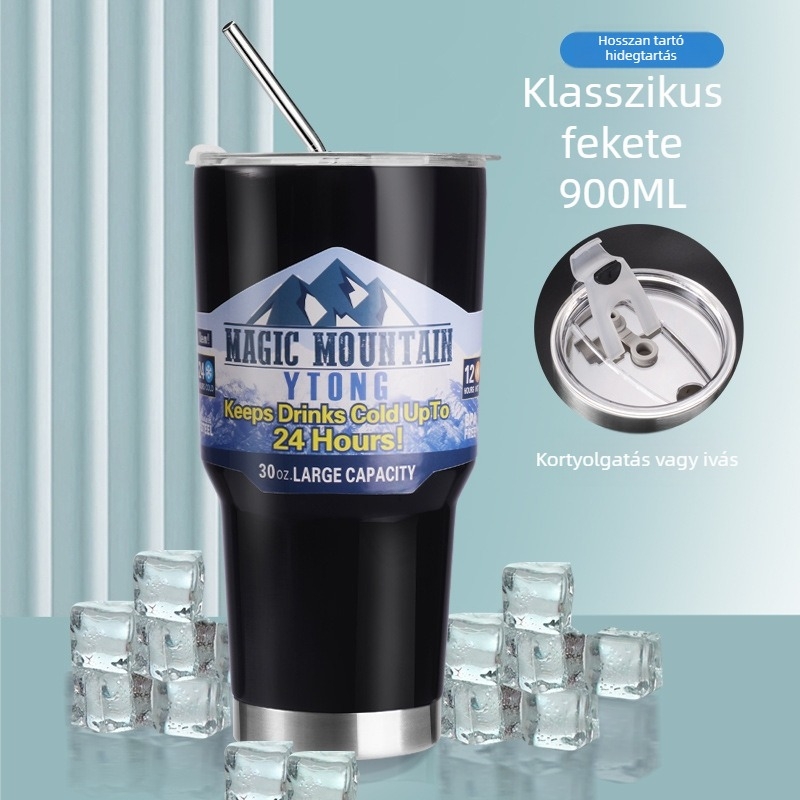 Rozsdamentes acélból készült termosz pohár szívószállal, jégkockákkal kompatibilis, hordozható, élelmiszer-minőségű