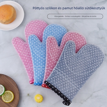 Polka pöttyös szilikon- és pamutszigetelt konyhai kesztyű, mikróhoz, dupla réteg, magas hőmérséklet-álló, égési védelem
