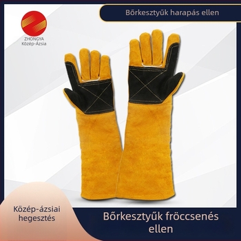 Tehénbőr hegesztőkesztyűk, hőálló védőkesztyűk a forró fröccsenések ellen, kopásálló, hosszabbított és vastagított.