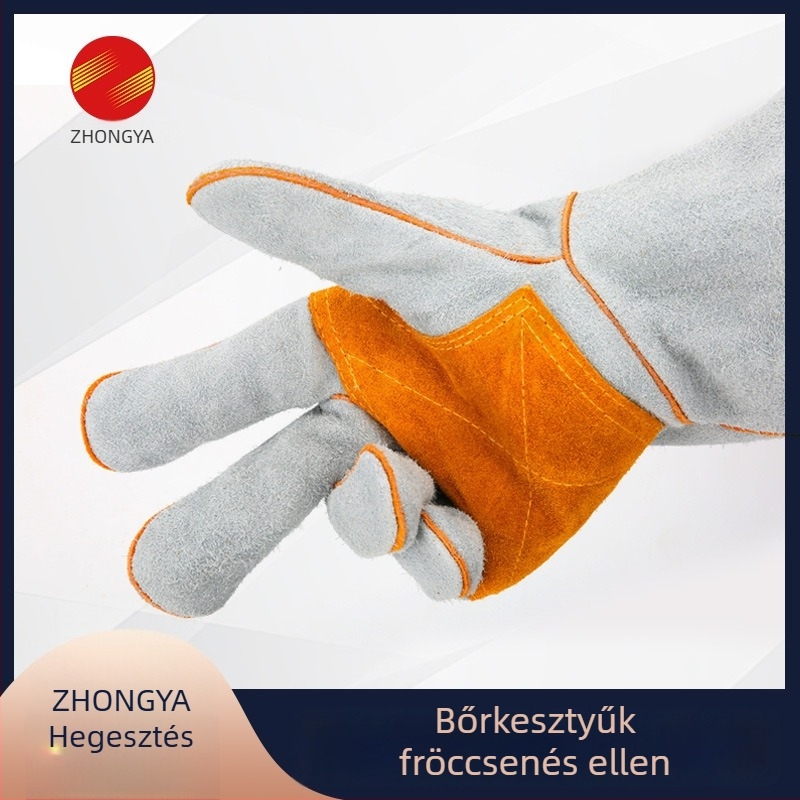 Tehénbőr hegesztőkesztyűk, hőálló védőkesztyűk a forró fröccsenések ellen, kopásálló, hosszabbított és vastagított.