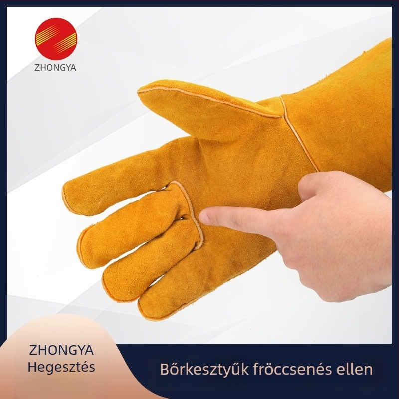 Tehénbőr hegesztőkesztyűk, hőálló védőkesztyűk a forró fröccsenések ellen, kopásálló, hosszabbított és vastagított.