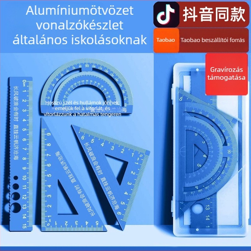 Lézerrel gravírozott alumínium ötvözetből készült négy darabos vonalzó készlet háromszög vonalzók (15 cm és 20 cm)