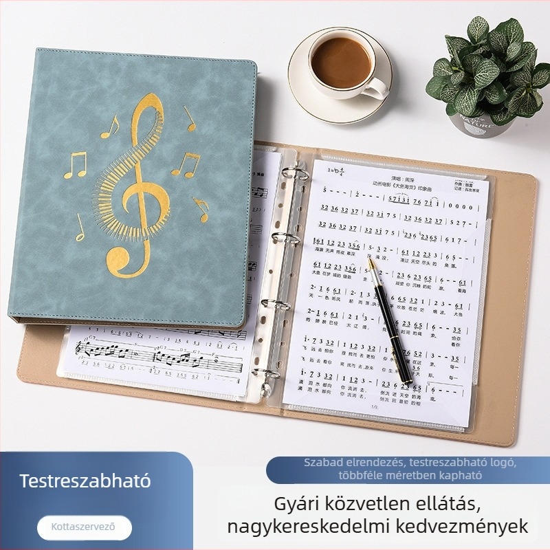 A4-es méretű kotta tároló könyv, nagy kapacitású, bőrhatású borítóval, cserélhető kottaoldalak
