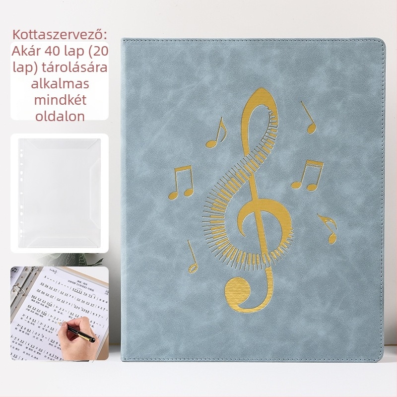 A4-es méretű kotta tároló könyv, nagy kapacitású, bőrhatású borítóval, cserélhető kottaoldalak