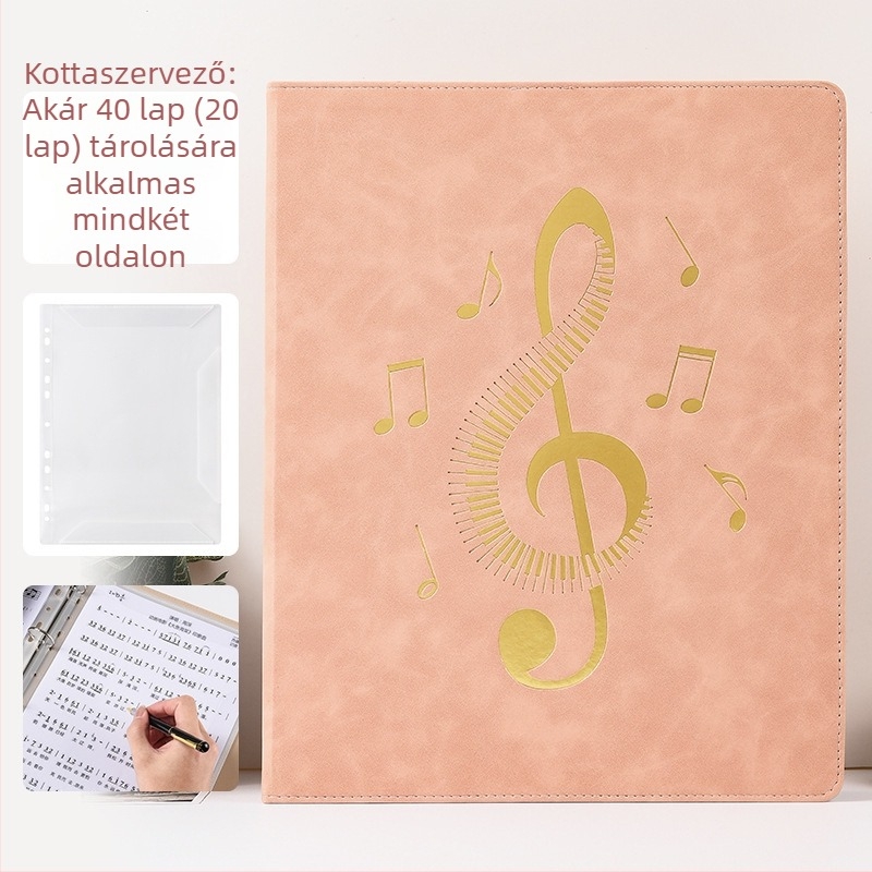 A4-es méretű kotta tároló könyv, nagy kapacitású, bőrhatású borítóval, cserélhető kottaoldalak