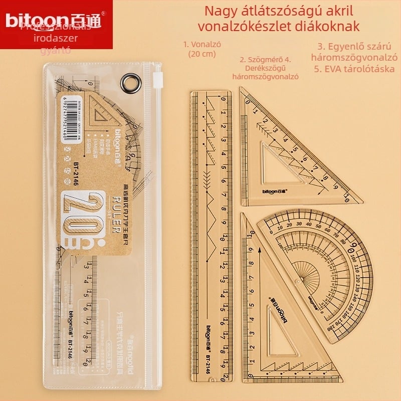 Átlátszó 4-darabos vonalzókészlet körzővel és háromszög-vonalzóval diákoknak