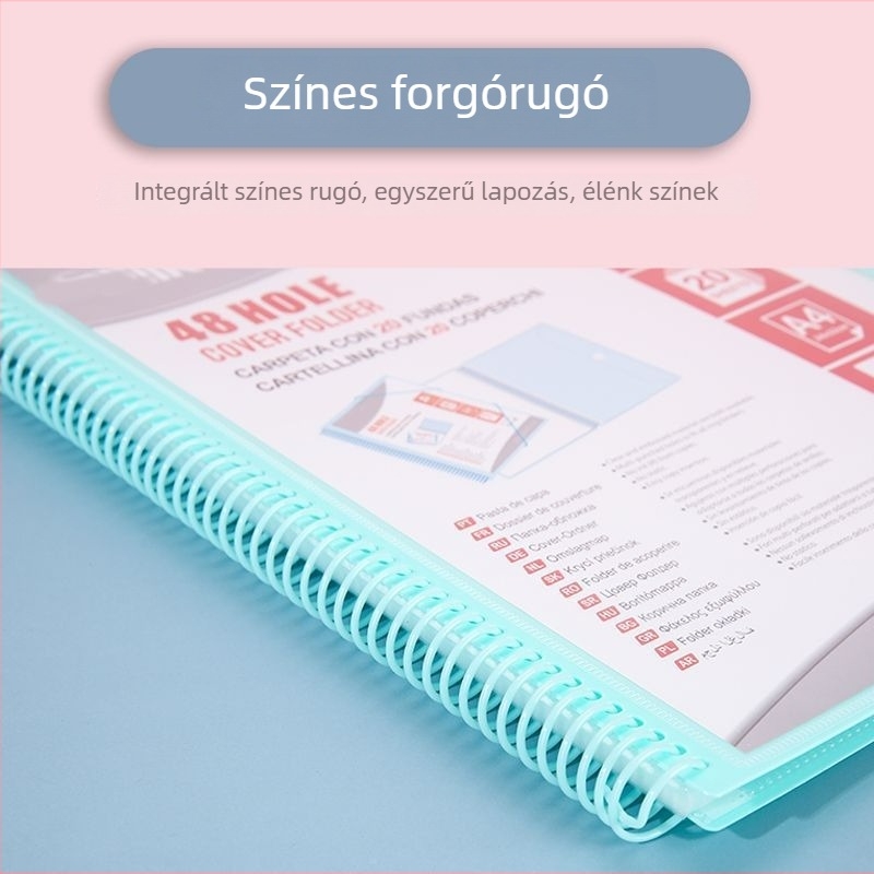 PP átlátszó A4-es dokumentum-beillesztő mappa, 20 oldal, 48 lyukas spirálkötéssel, diákok dolgozatainak tárolására