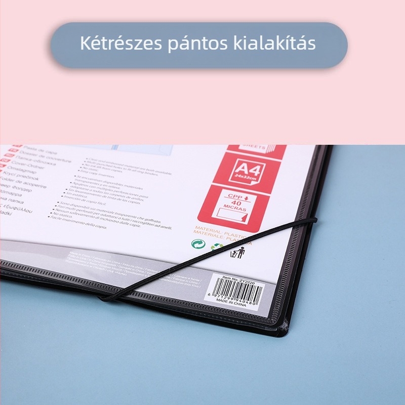 PP átlátszó A4-es dokumentum-beillesztő mappa, 20 oldal, 48 lyukas spirálkötéssel, diákok dolgozatainak tárolására