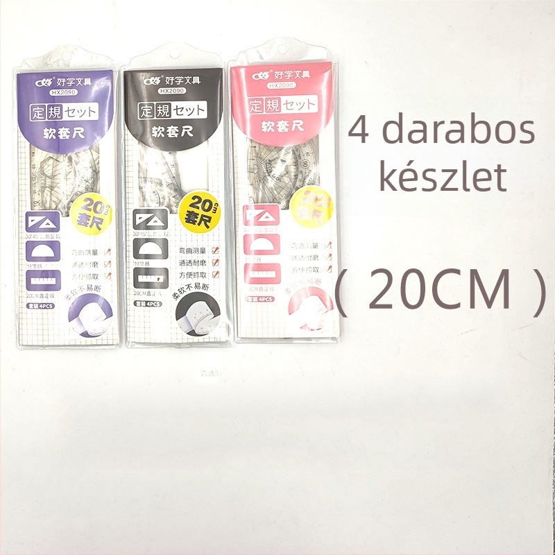 Átlátszó műanyag mérőeszközök 4 darabos készlet rajzhoz és tervezéshez, tartalmaz egy egyenes vonalzót, egy háromszög alakú vonalzót, egy szögmérőt és egy 20 cm-es vonalzót