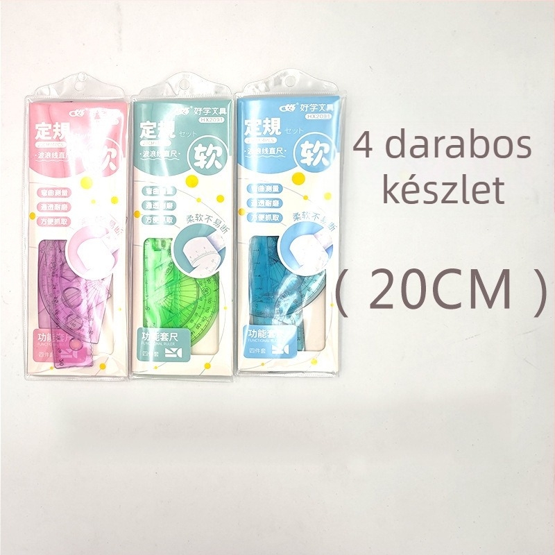 Átlátszó műanyag mérőeszközök 4 darabos készlet rajzhoz és tervezéshez, tartalmaz egy egyenes vonalzót, egy háromszög alakú vonalzót, egy szögmérőt és egy 20 cm-es vonalzót